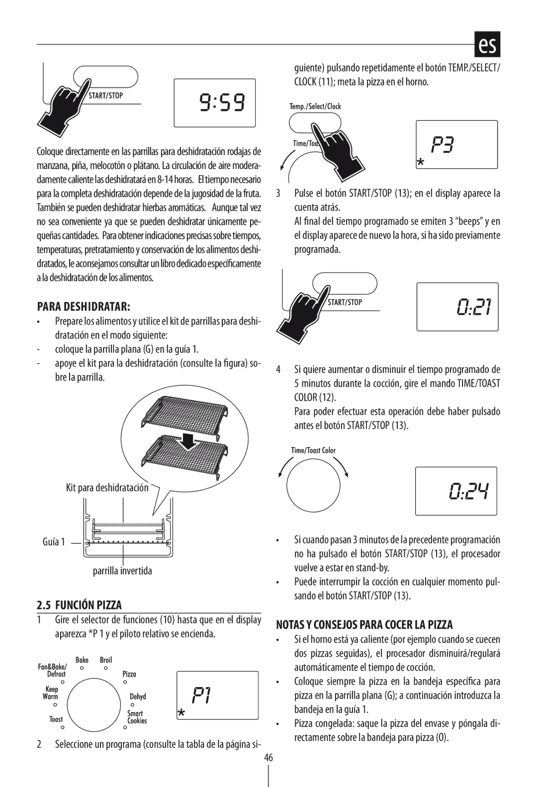 DeLonghi DO1289 manual Para Deshidratar, Función Pizza, Notas Y Consejos Para Cocer LA Pizza 