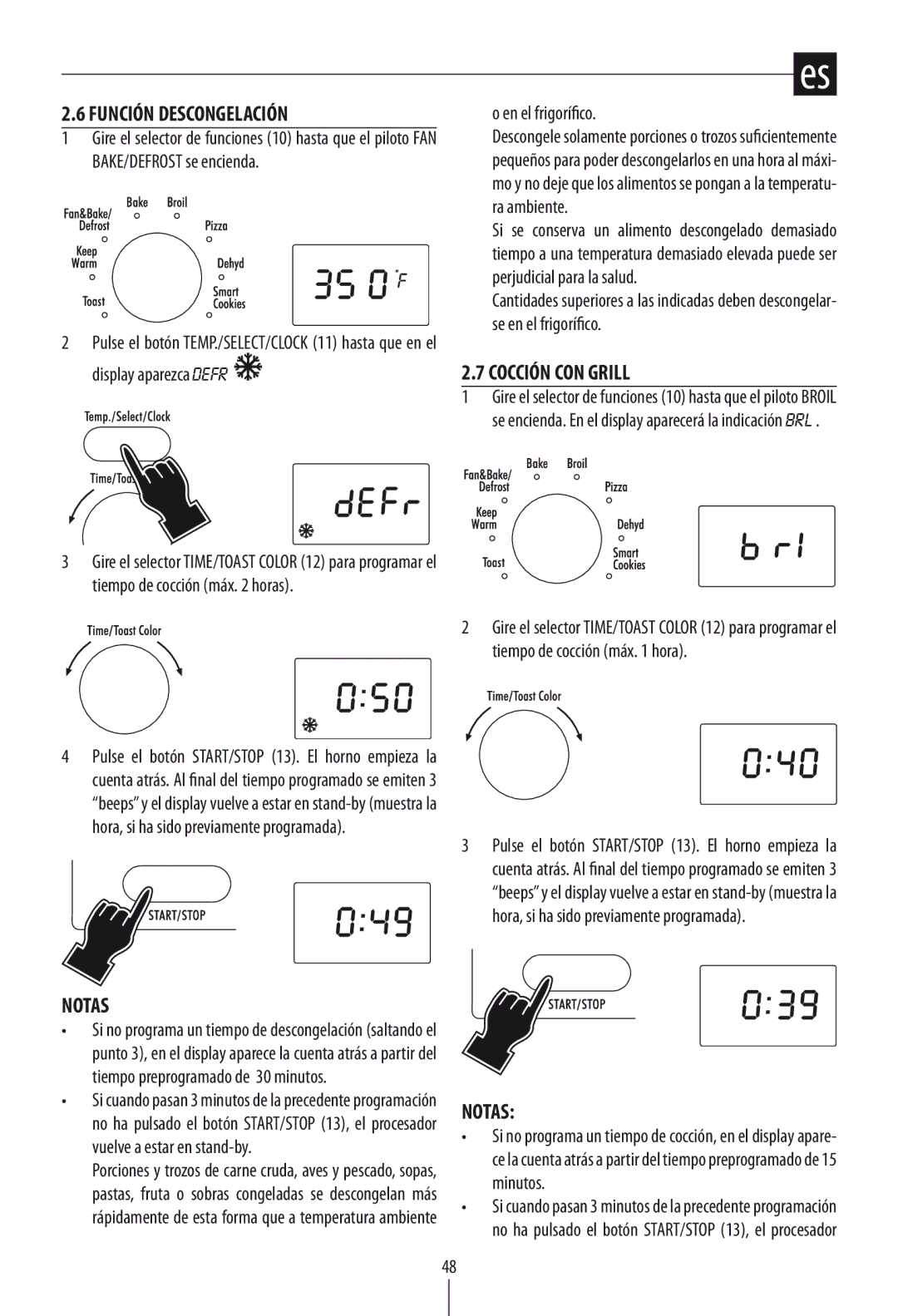 DeLonghi DO1289 manual Función Descongelación, Cocción CON Grill, Notas, En el frigorífico 