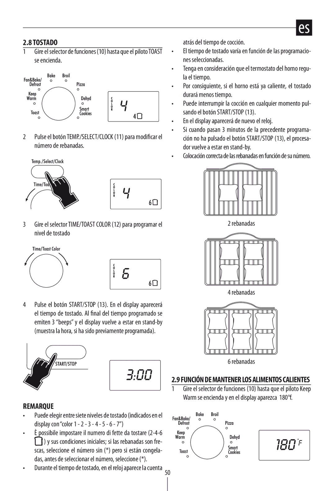 DeLonghi DO1289 manual Tostado, Atrás del tiempo de cocción, En el display aparecerá de nuevo el reloj 