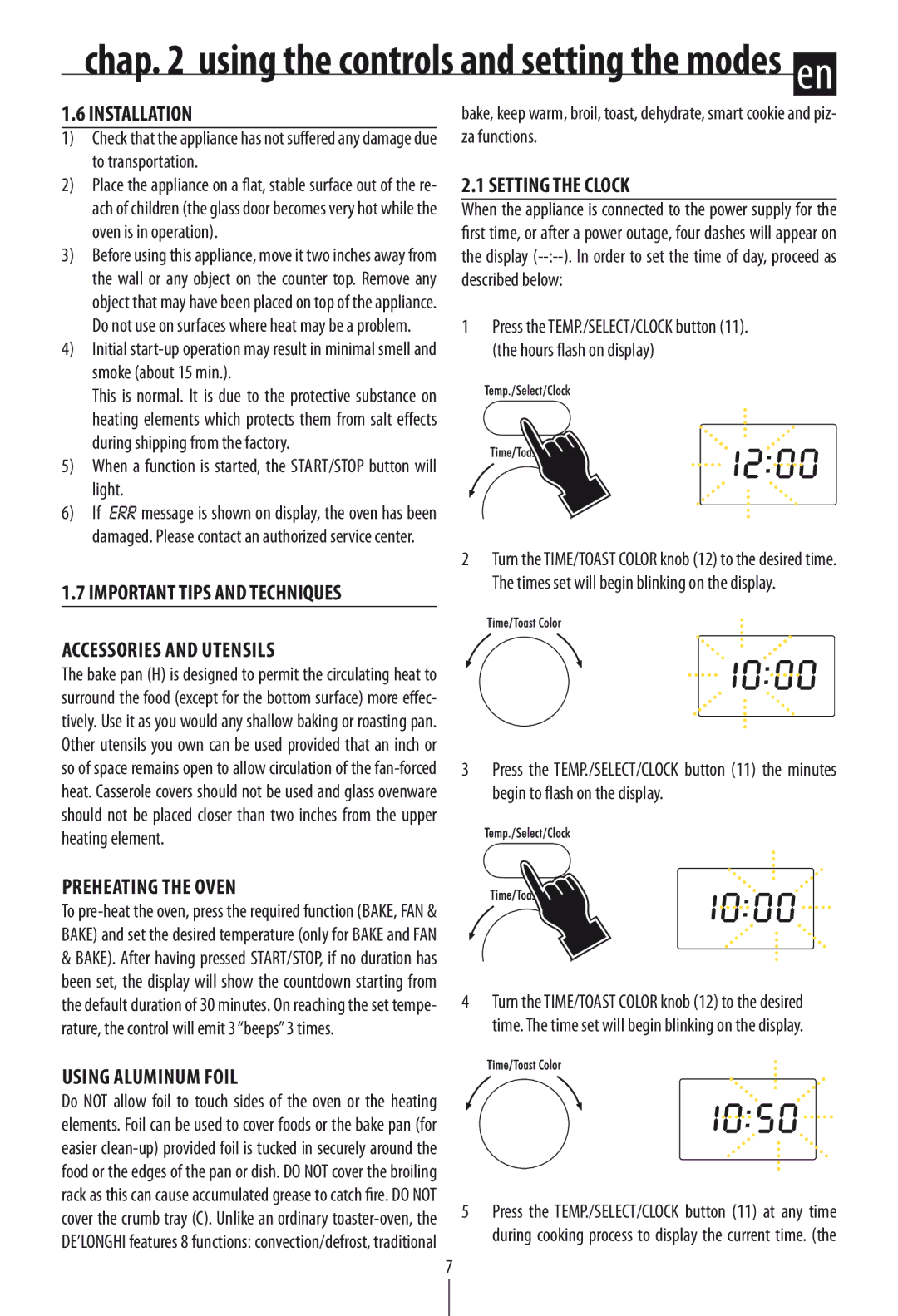 DeLonghi DO1289 manual Installation, Accessories and utensils, Preheating the oven, Setting the Clock, Using aluminum foil 