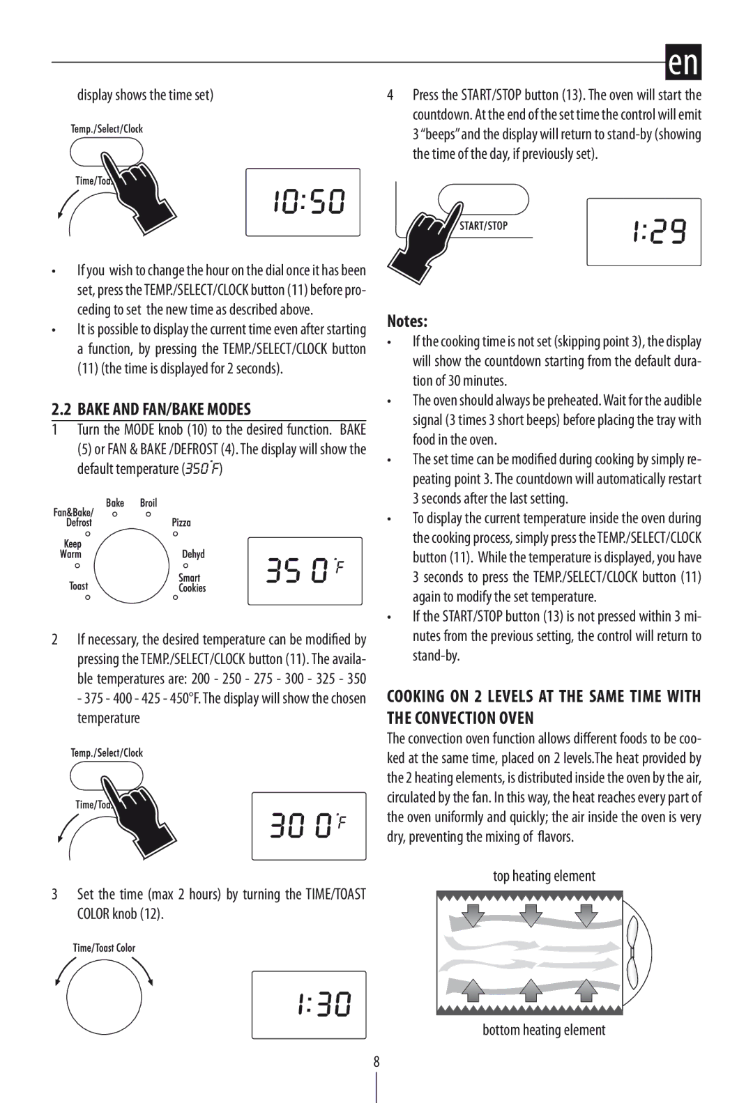 DeLonghi DO1289 manual Bake and FAN/BAKE Modes, Display shows the time set, Top heating element Bottom heating element 