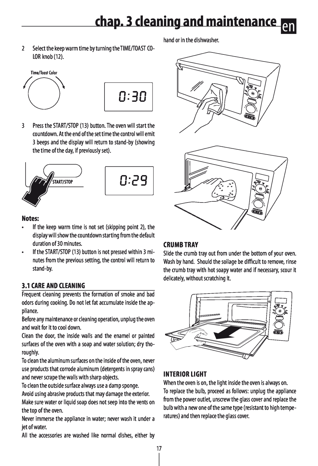 DeLonghi DO1289 manual Care And Cleaning, Crumb tray, Interior light, chap. 3 cleaning and maintenance en, Notes 