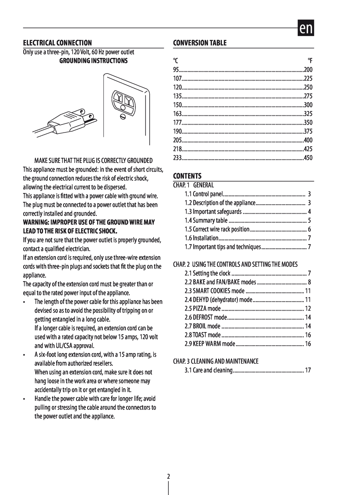 DeLonghi DO1289 manual Electrical Connection, Conversion Table, Contents, Grounding Instructions 