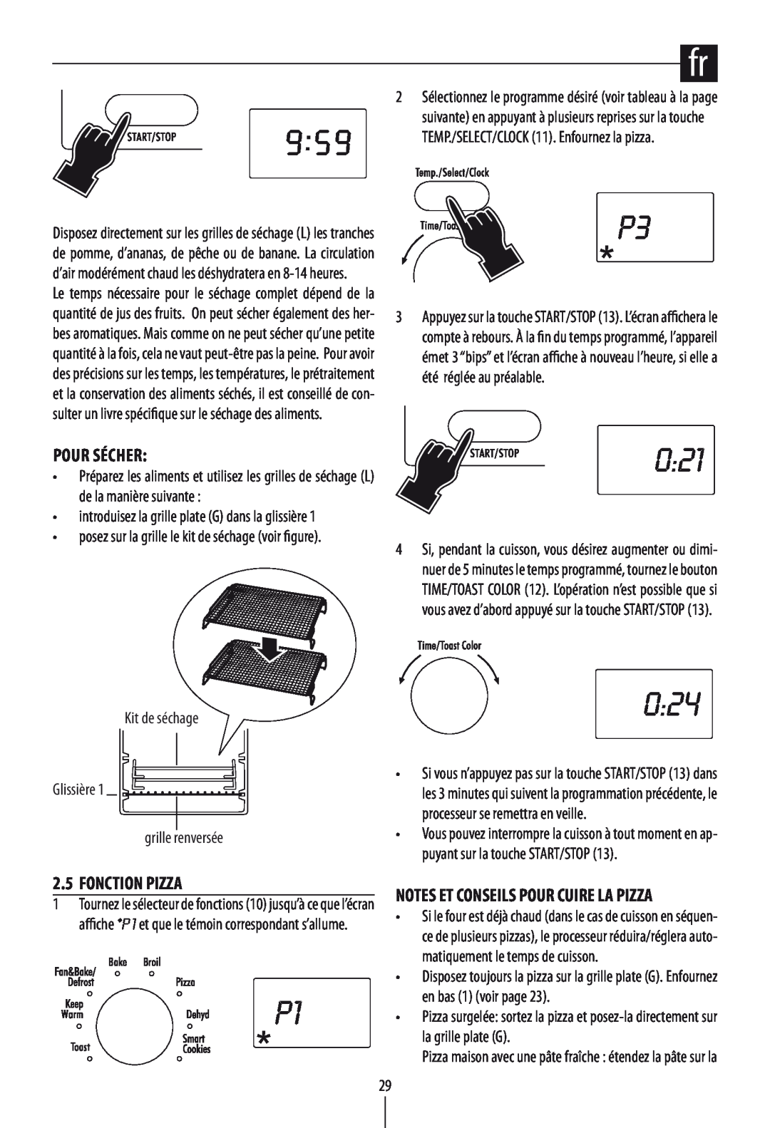 DeLonghi DO1289 manual Pour Sécher, Fonction Pizza, 0:21, 0:24, Notes Et Conseils Pour Cuire La Pizza 
