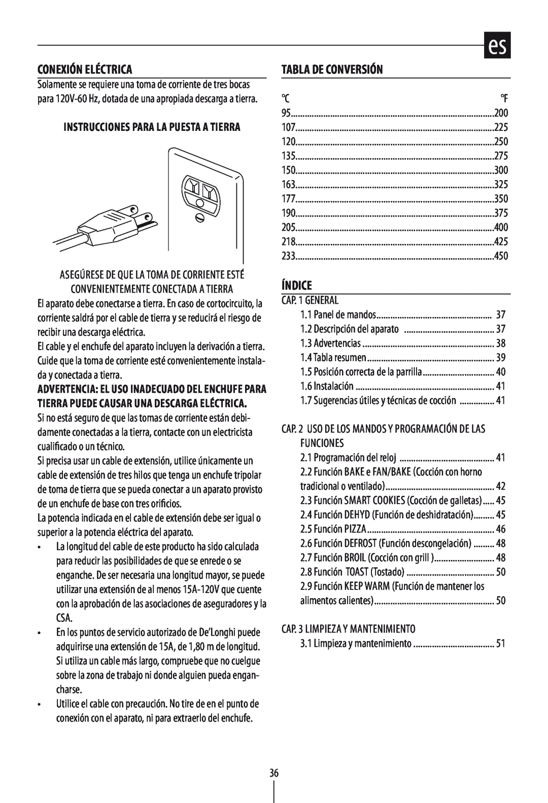 DeLonghi DO1289 manual Conexión Eléctrica, Tabla De Conversión, Índice, Instrucciones para la puesta a tierra 