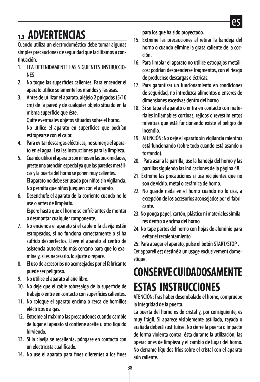 DeLonghi DO1289 manual 1.3ADVERTENCIAS, Conserve Cuidadosamente Estas Instrucciones 