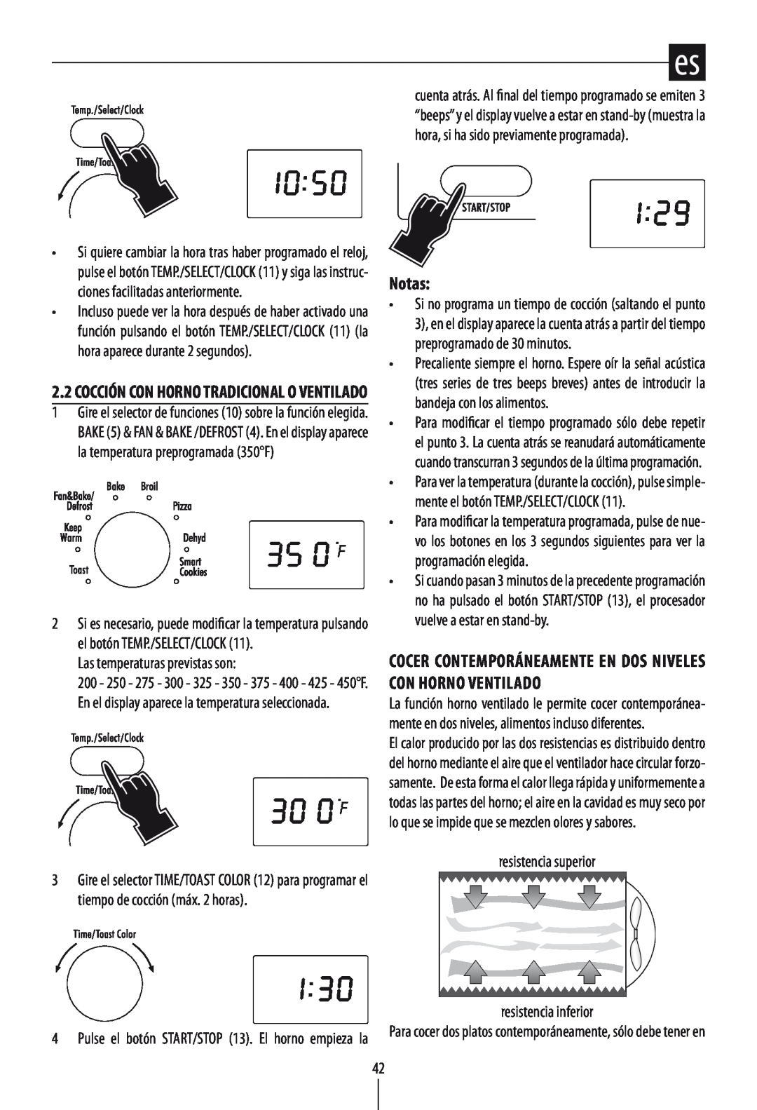 DeLonghi DO1289 manual Notas, Las temperaturas previstas son, resistencia superior resistencia inferior 