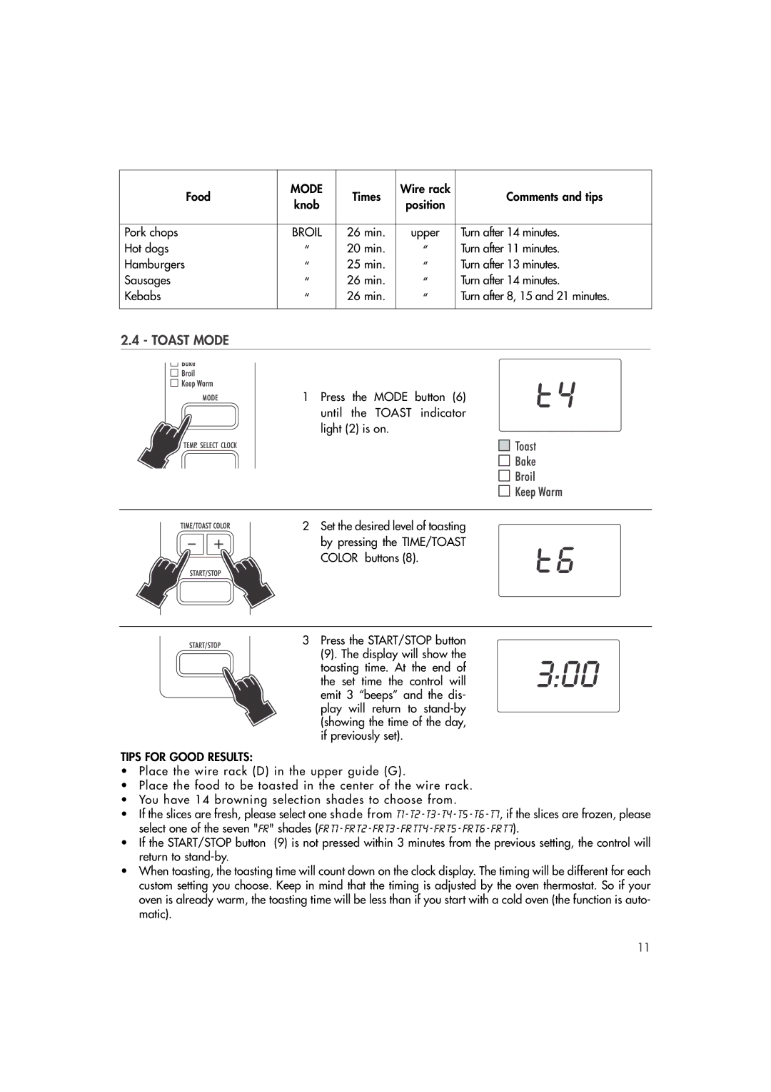 DeLonghi DO400 manual Toast Mode, Tips for Good Results 