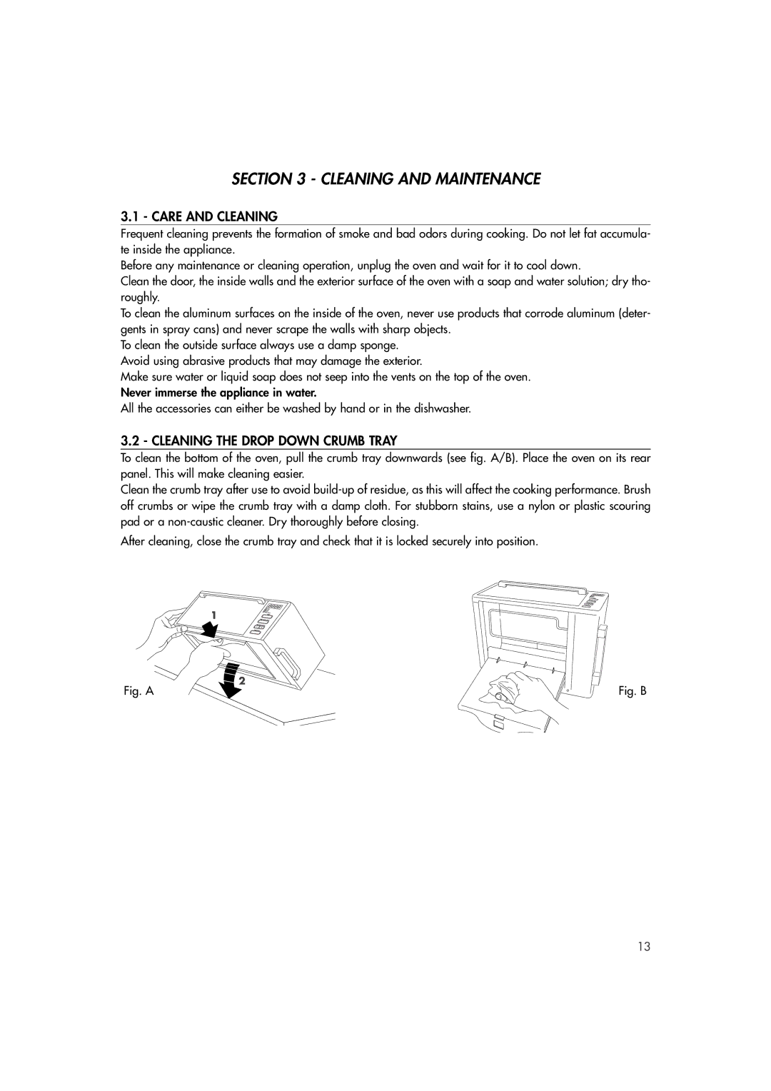 DeLonghi DO400 manual Care and Cleaning, Cleaning the Drop Down Crumb Tray 