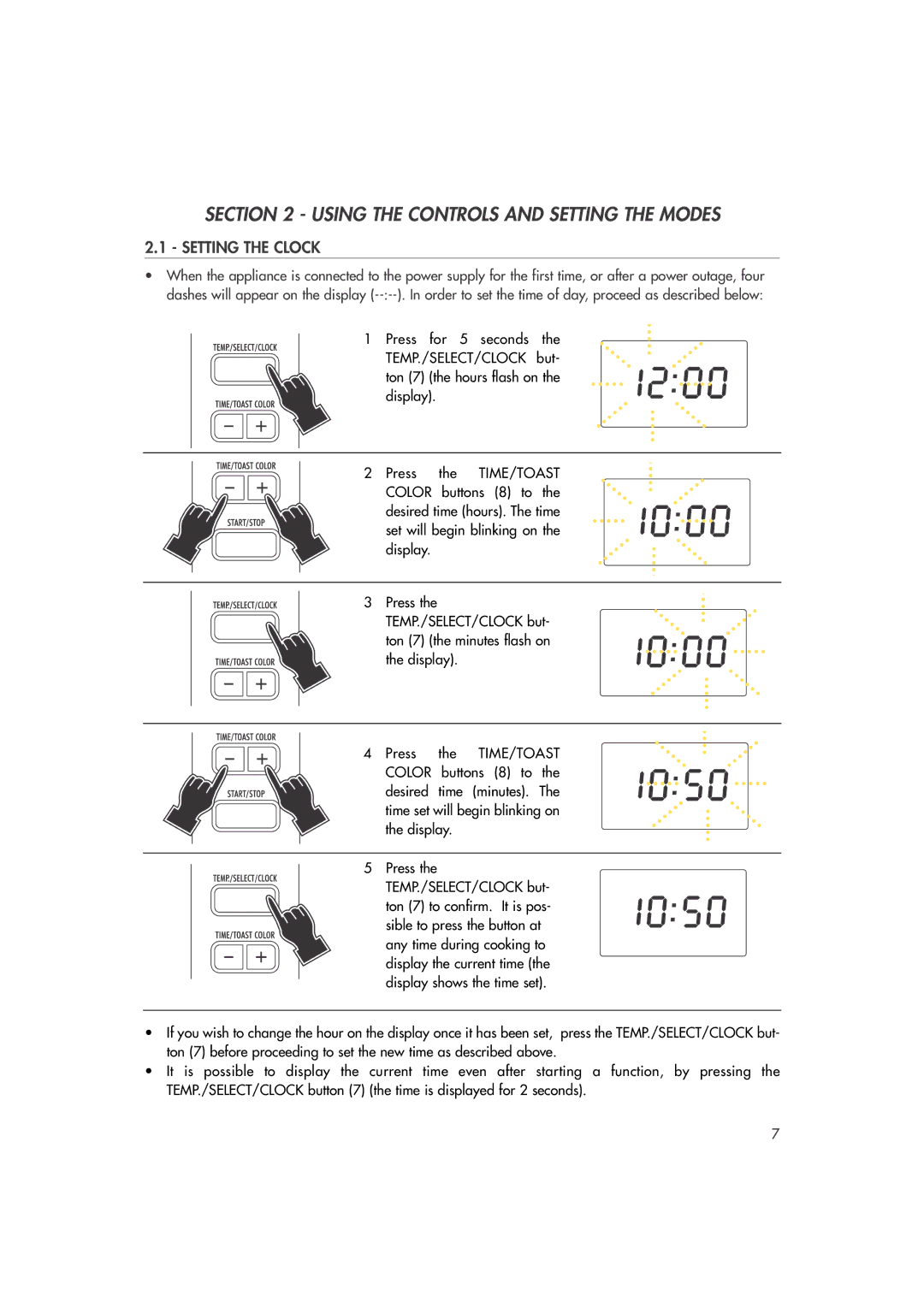 DeLonghi DO400 manual Using the Controls and Setting the Modes, Setting the Clock 