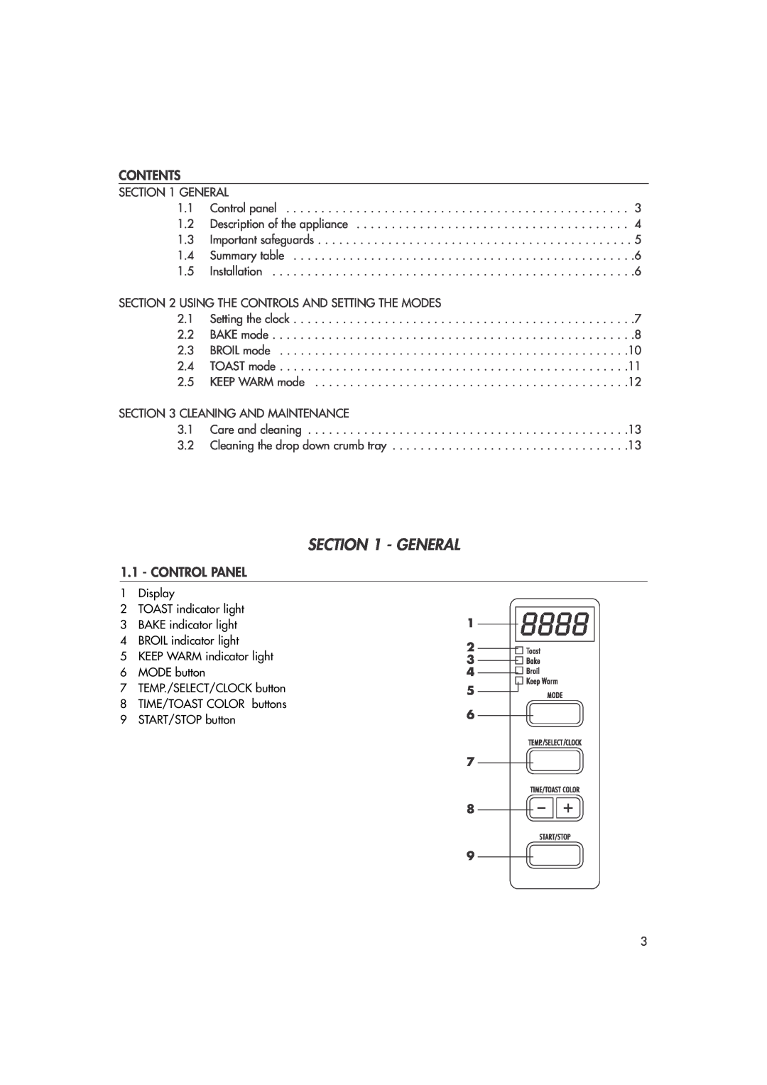 DeLonghi DO400 manual General, Contents, Control Panel 