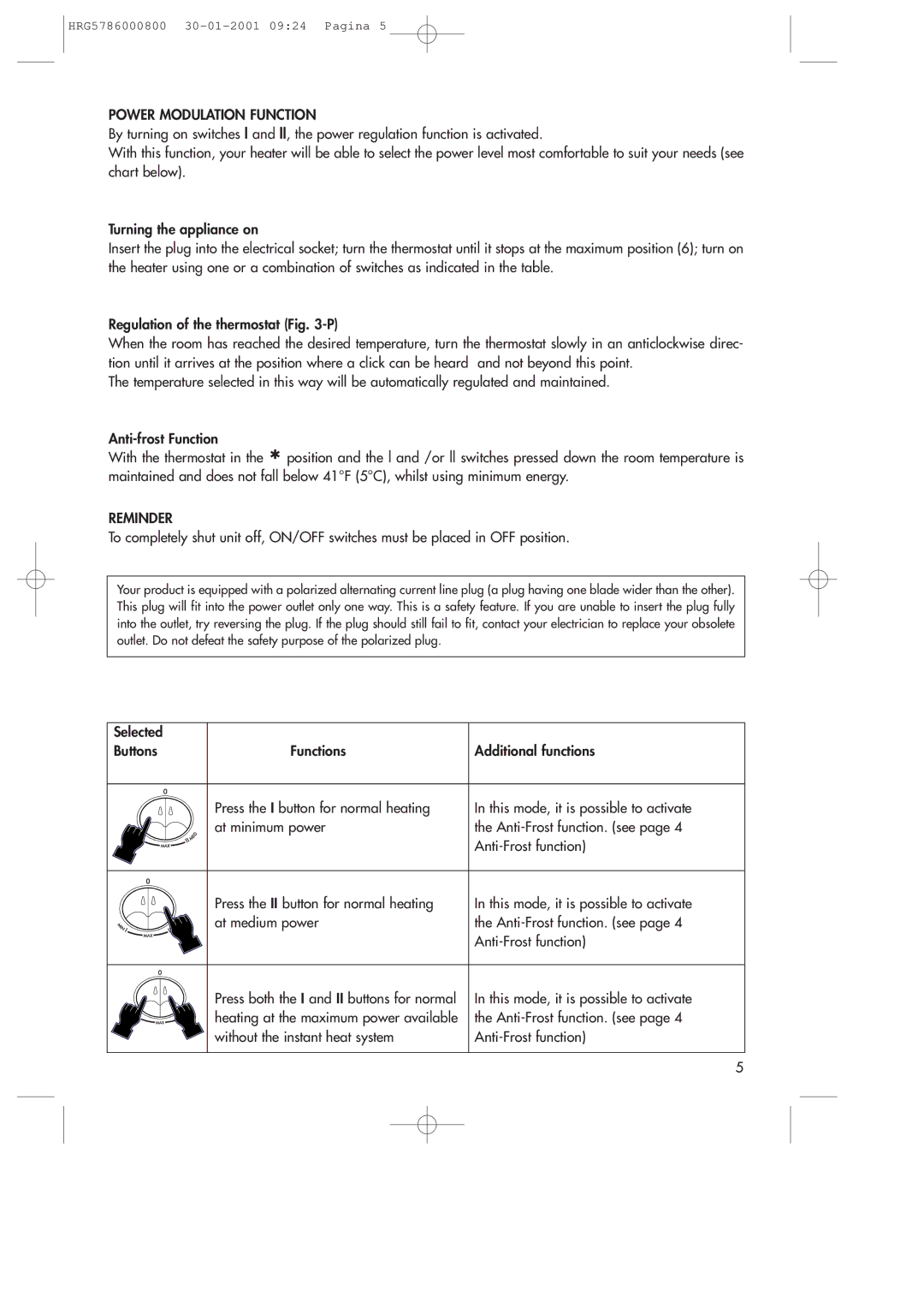 DeLonghi DR18TG manual Power Modulation Function, Reminder 