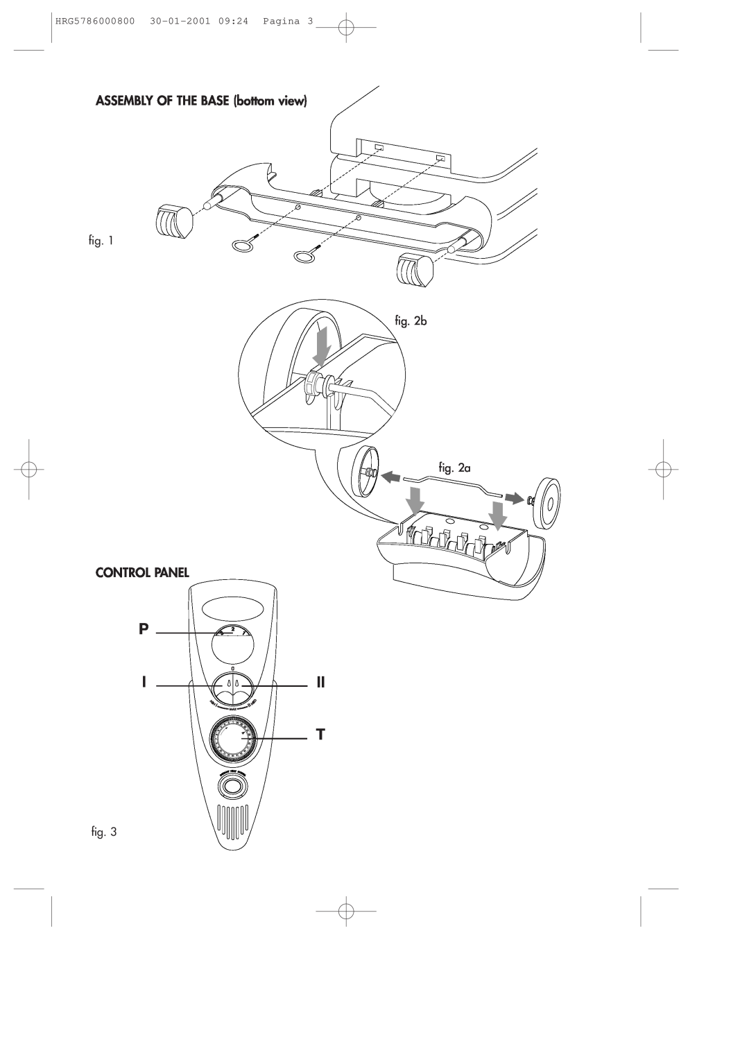 DeLonghi DR18TG manual ASSEMBLY OF THE BASE bottom view, Control Panel, Ii T, HRG5786000800 30-01-200109 24 Pagina 