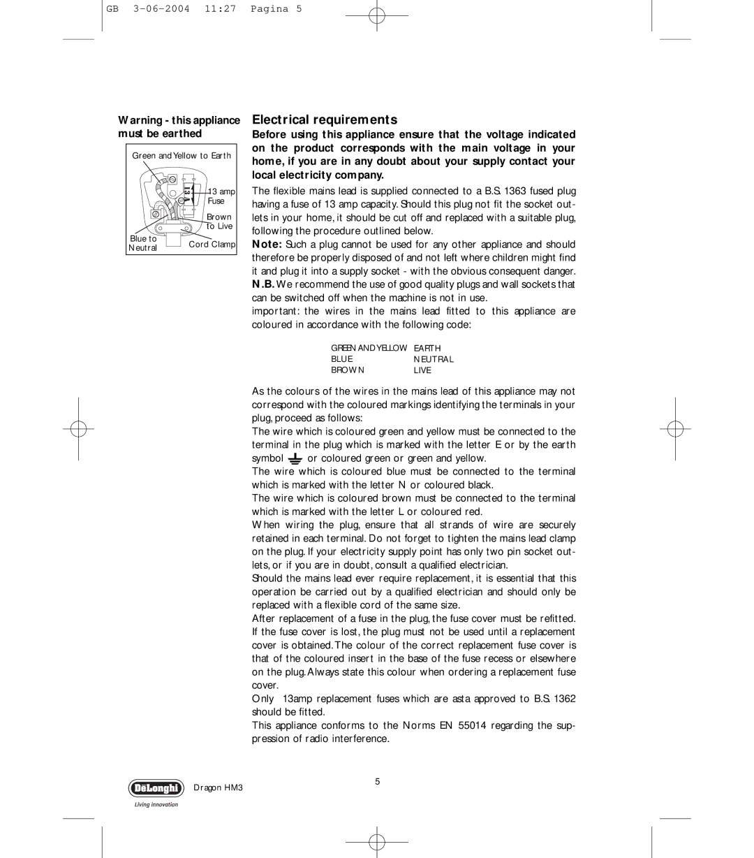 DeLonghi DRAGON HM3 manual Electrical requirements 