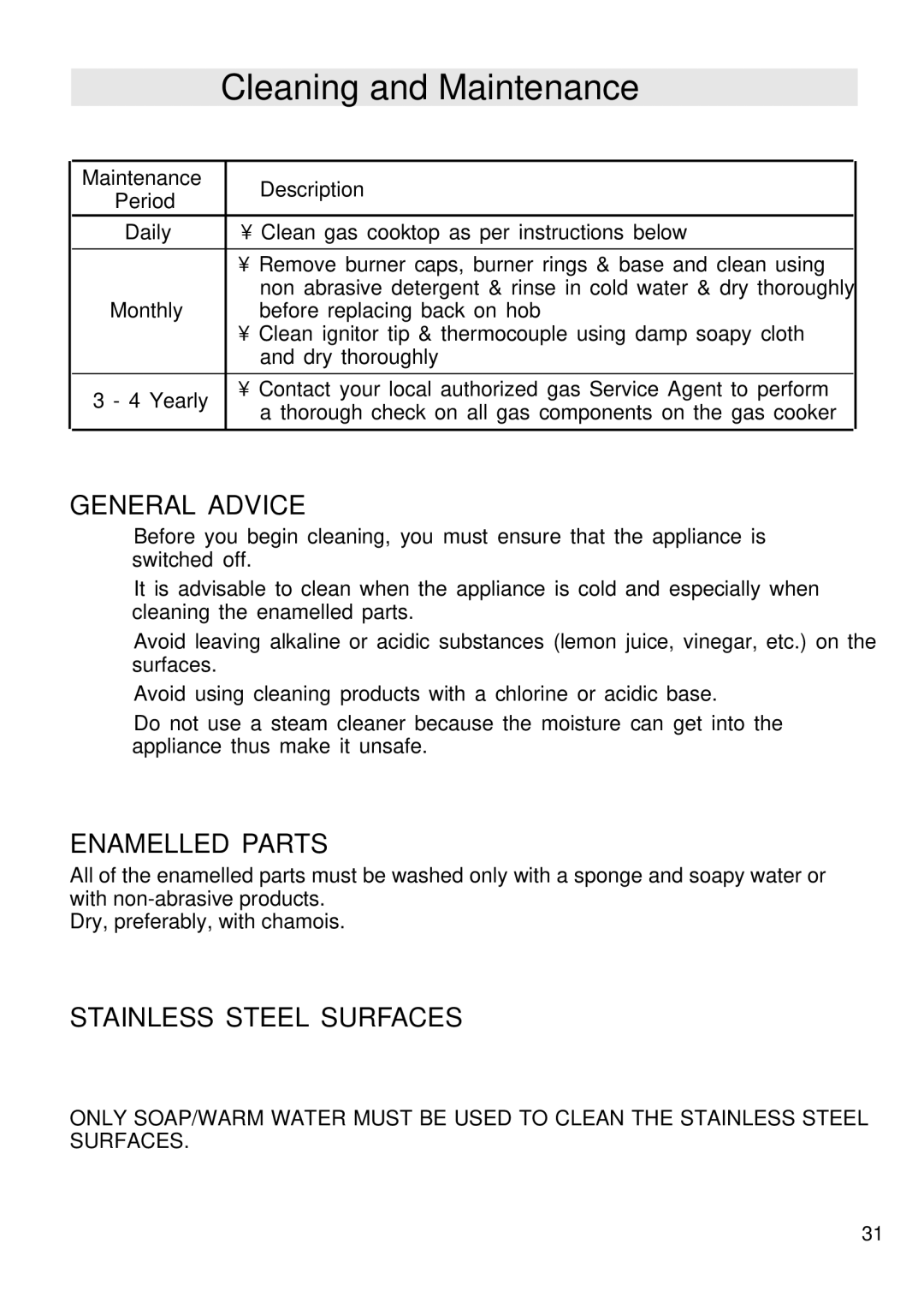 DeLonghi DS 61 GW manual General Advice, Enamelled Parts, Stainless Steel Surfaces 