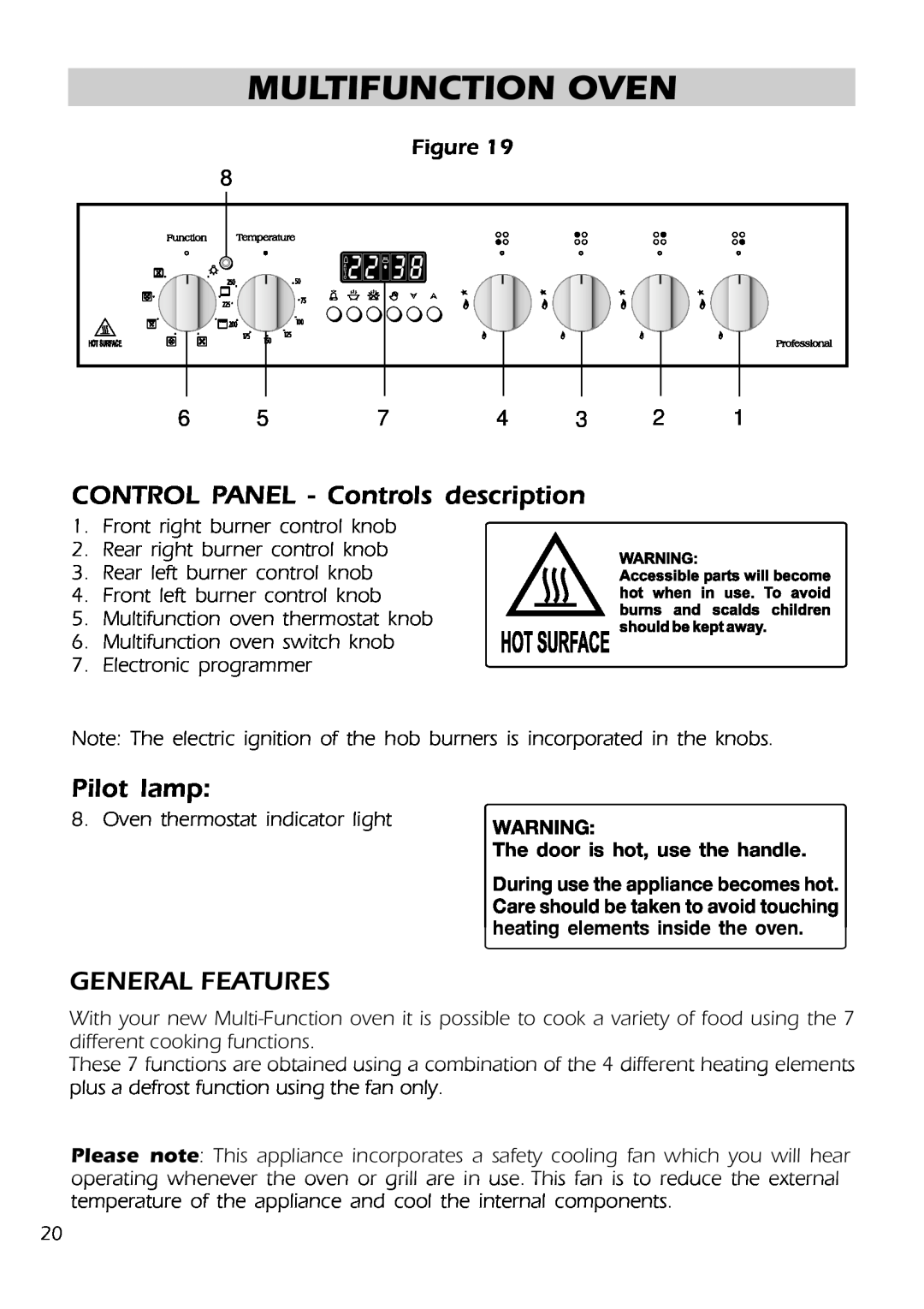DeLonghi DS 61 GW manual Multifunction Oven, CONTROL PANEL - Controls description, Pilot lamp, General Features 