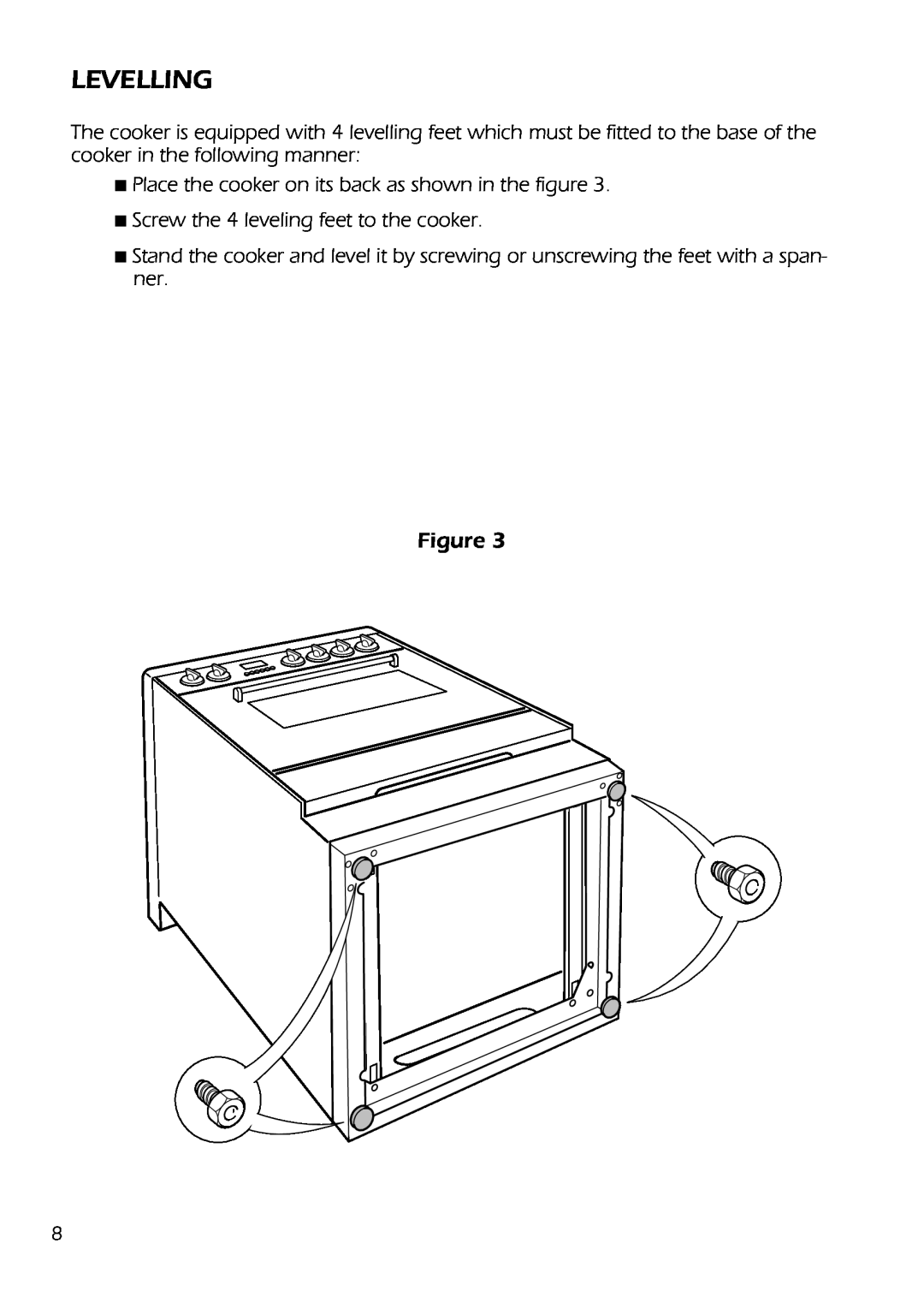 DeLonghi DS 61 GW Levelling, Place the cooker on its back as shown in the figure, Screw the 4 leveling feet to the cooker 