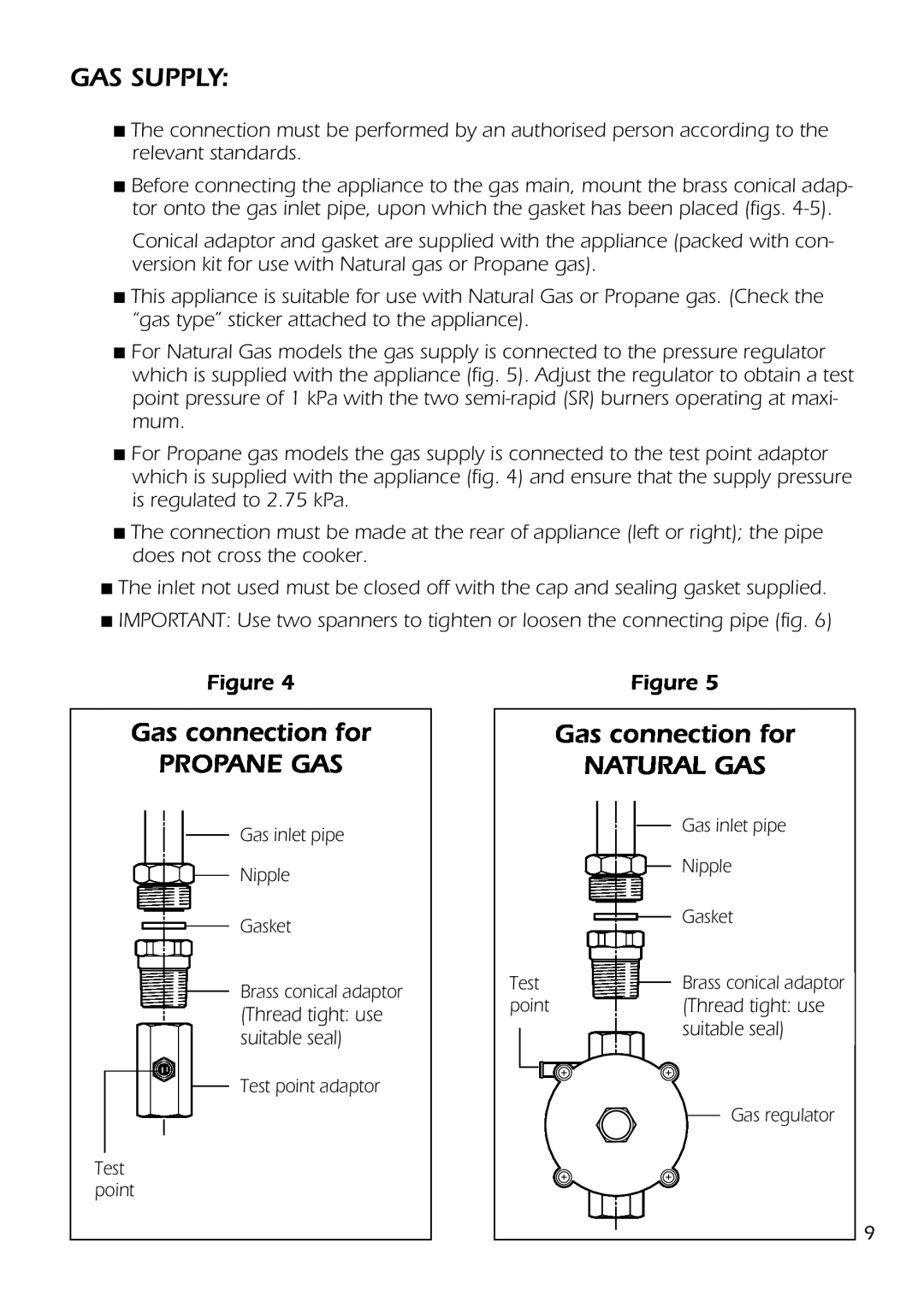 DeLonghi DS 61 GW manual Gas Supply, Gas connection for PROPANE GAS, Gas connection for NATURAL GAS 