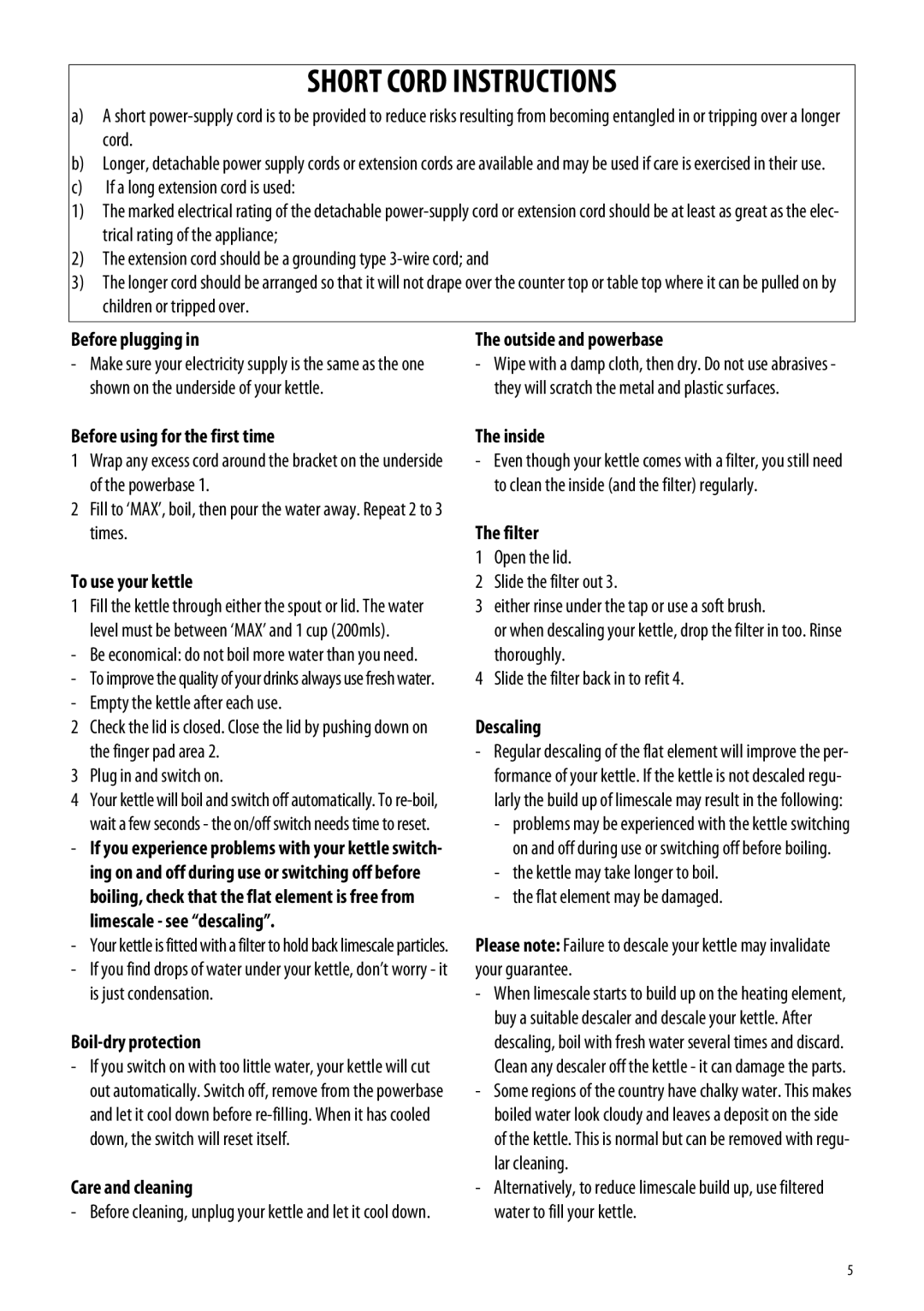 DeLonghi DSJ04 manual Short Cord Instructions 