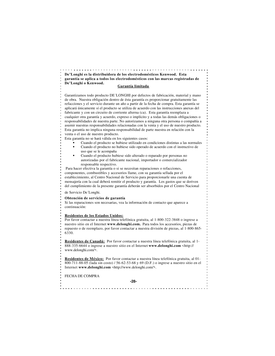 DeLonghi DSJ900 instruction manual Residentes de los Estados Unidos 