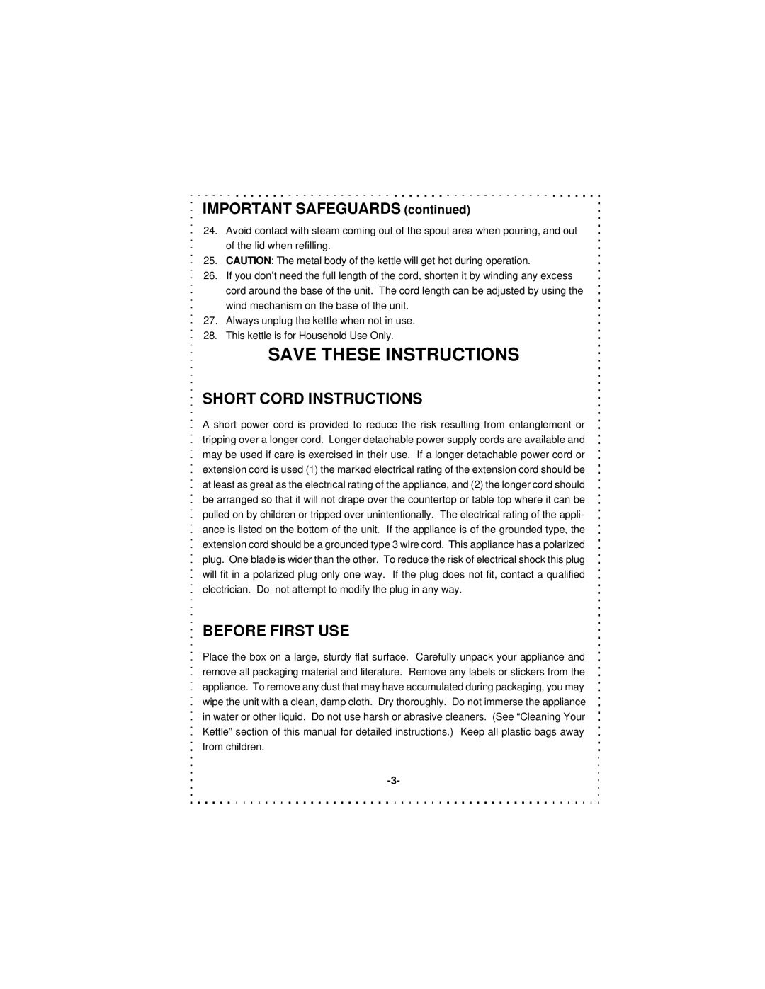 DeLonghi DSJ900 instruction manual Important Safeguards, Short Cord Instructions, Before First USE 