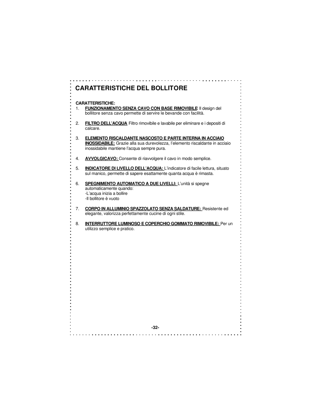 DeLonghi DSJ900 instruction manual Caratteristiche 