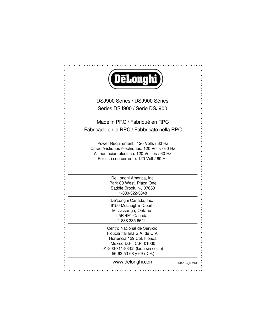 DeLonghi DSJ900 instruction manual De’Longhi 