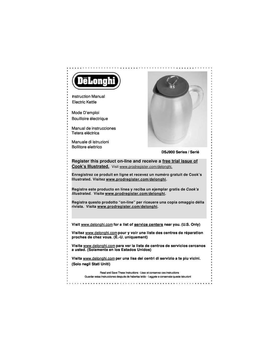 DeLonghi instruction manual Bouilloire électrique Manual de instrucciones Tetera eléctrica, DSJ900 Series / Serié 
