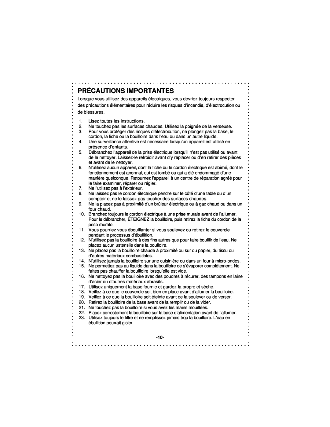 DeLonghi DSJ900 instruction manual Précautions Importantes 