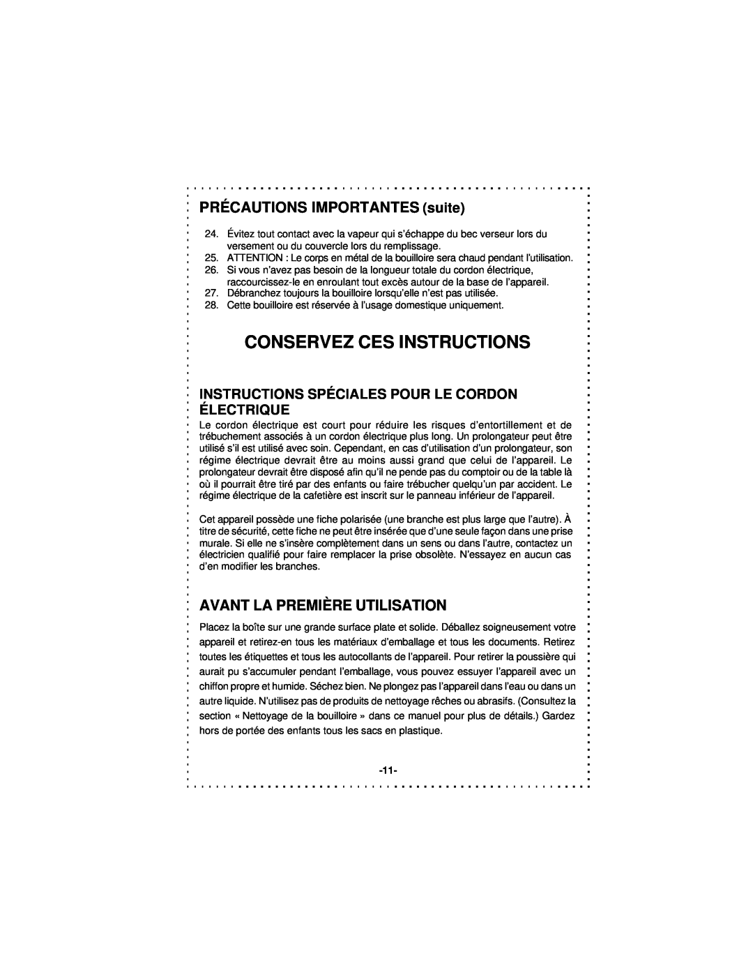 DeLonghi DSJ900 instruction manual Conservez Ces Instructions, PRÉCAUTIONS IMPORTANTES suite, Avant La Première Utilisation 
