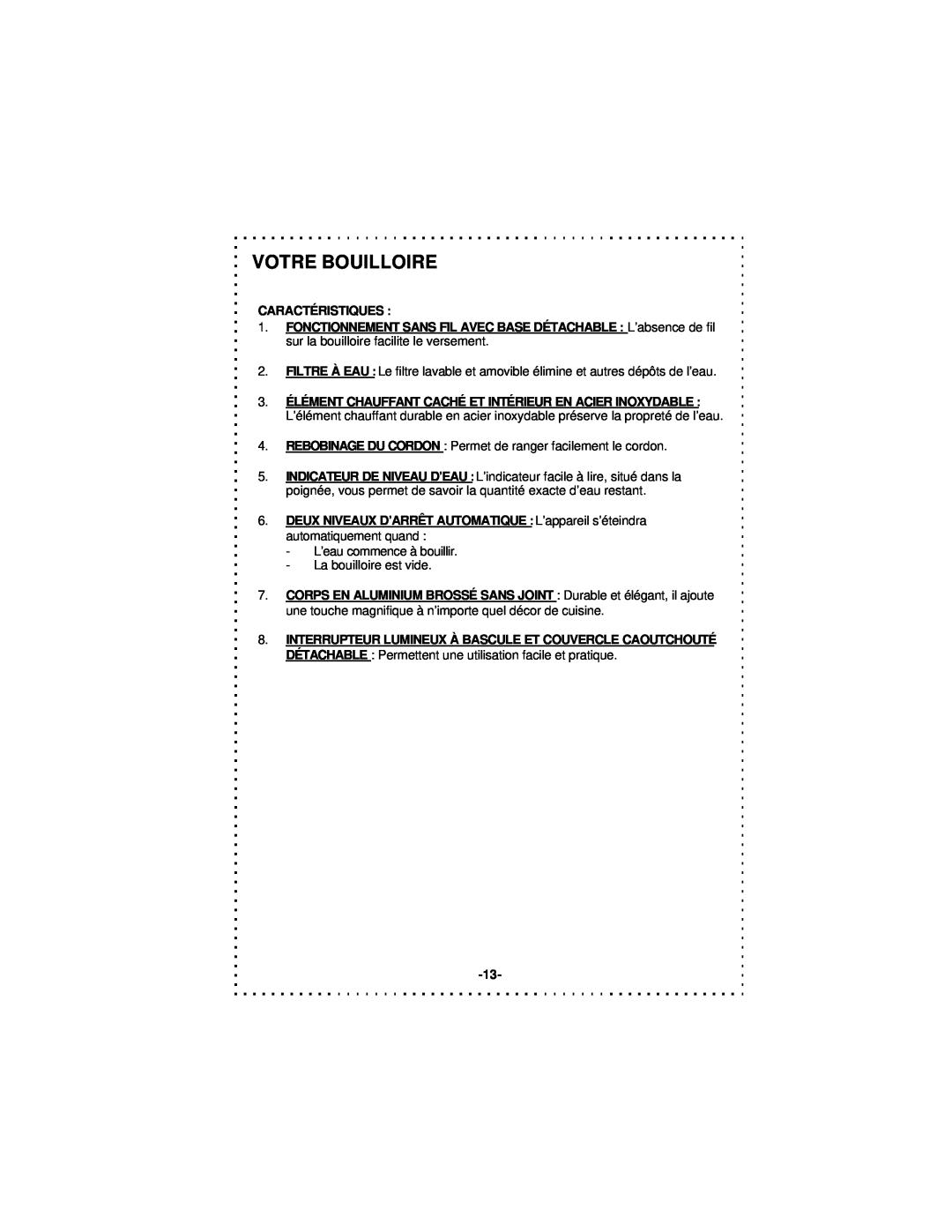 DeLonghi DSJ900 instruction manual Votre Bouilloire, Caractéristiques 