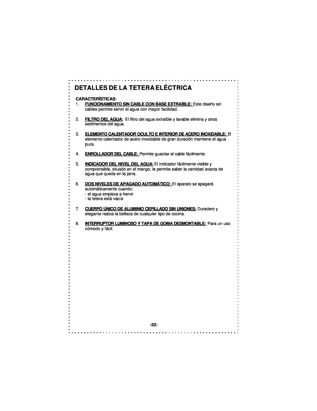 DeLonghi DSJ900 instruction manual Detalles De La Tetera Eléctrica, Características 