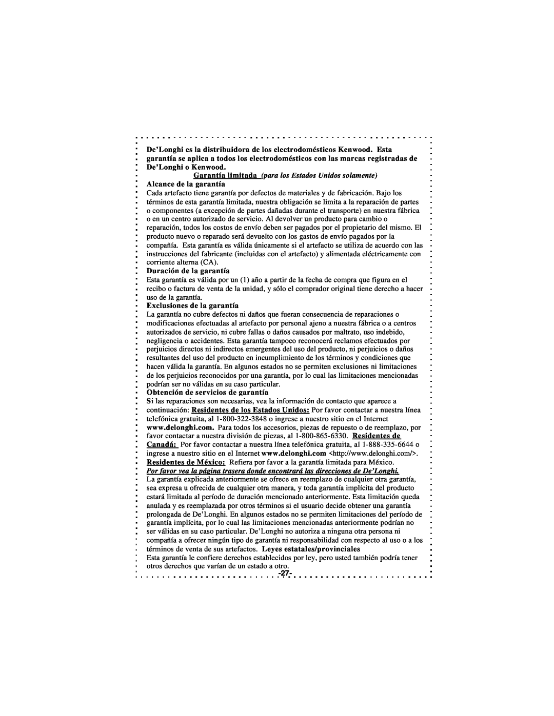 DeLonghi DSJ900 instruction manual Duración de la garantía, Exclusiones de la garantía, Obtención de servicios de garantía 