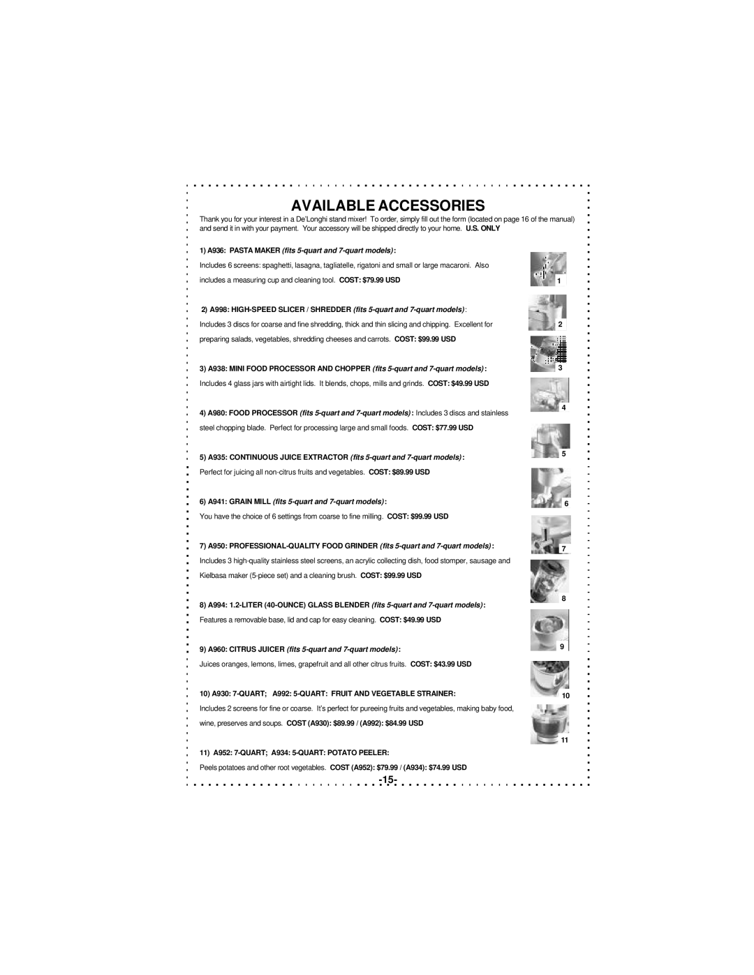 DeLonghi DSM5 - 7 Series instruction manual Available Accessories, A936 Pasta Maker fits 5-quart and 7-quart models 