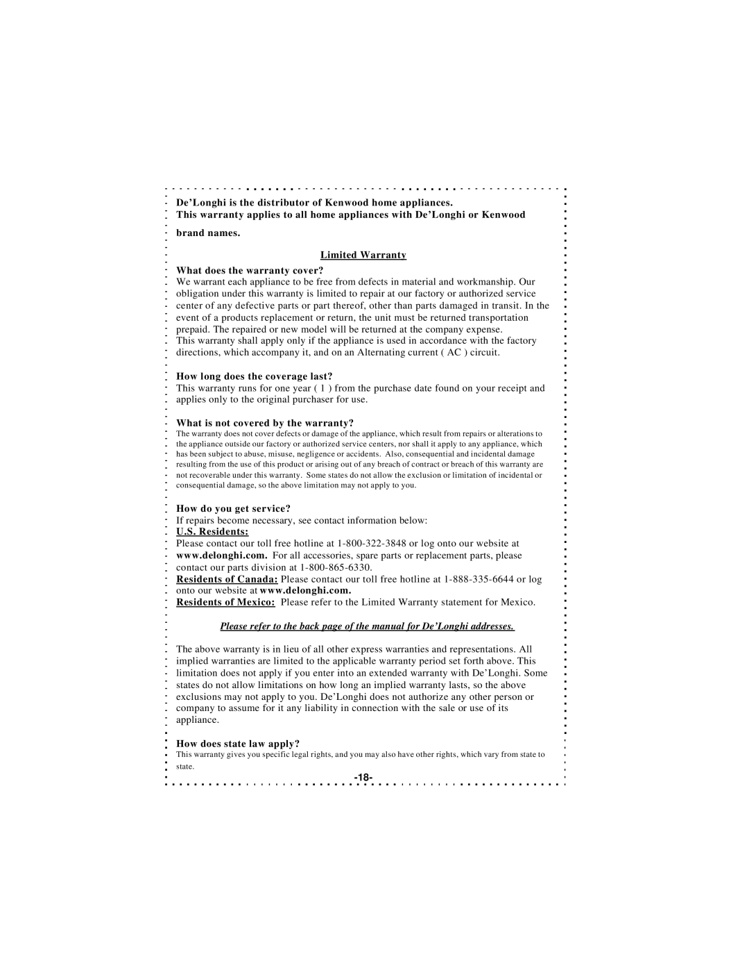 DeLonghi DSM5 - 7 Series instruction manual How do you get service? 