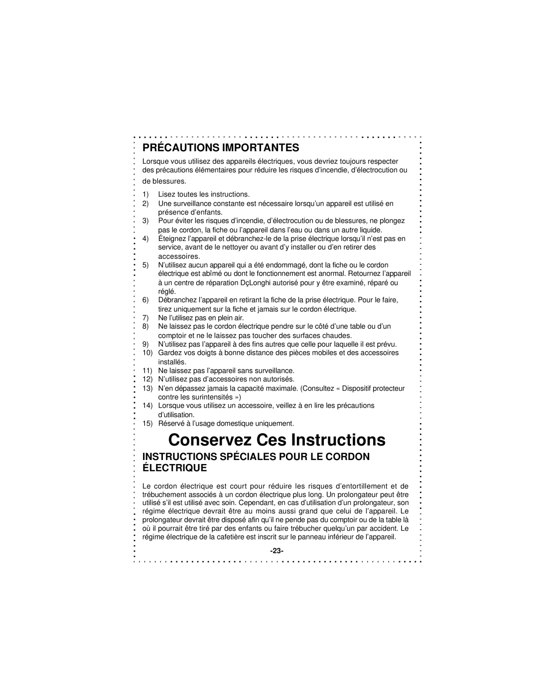 DeLonghi DSM5 - 7 Series instruction manual Précautions Importantes, Instructions Spéciales Pour LE Cordon Électrique 