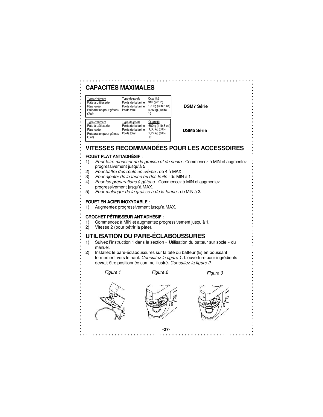 DeLonghi DSM5 - 7 Series Capacités Maximales, Vitesses Recommandées Pour LES Accessoires, DSM7 Série DSM5 Série 