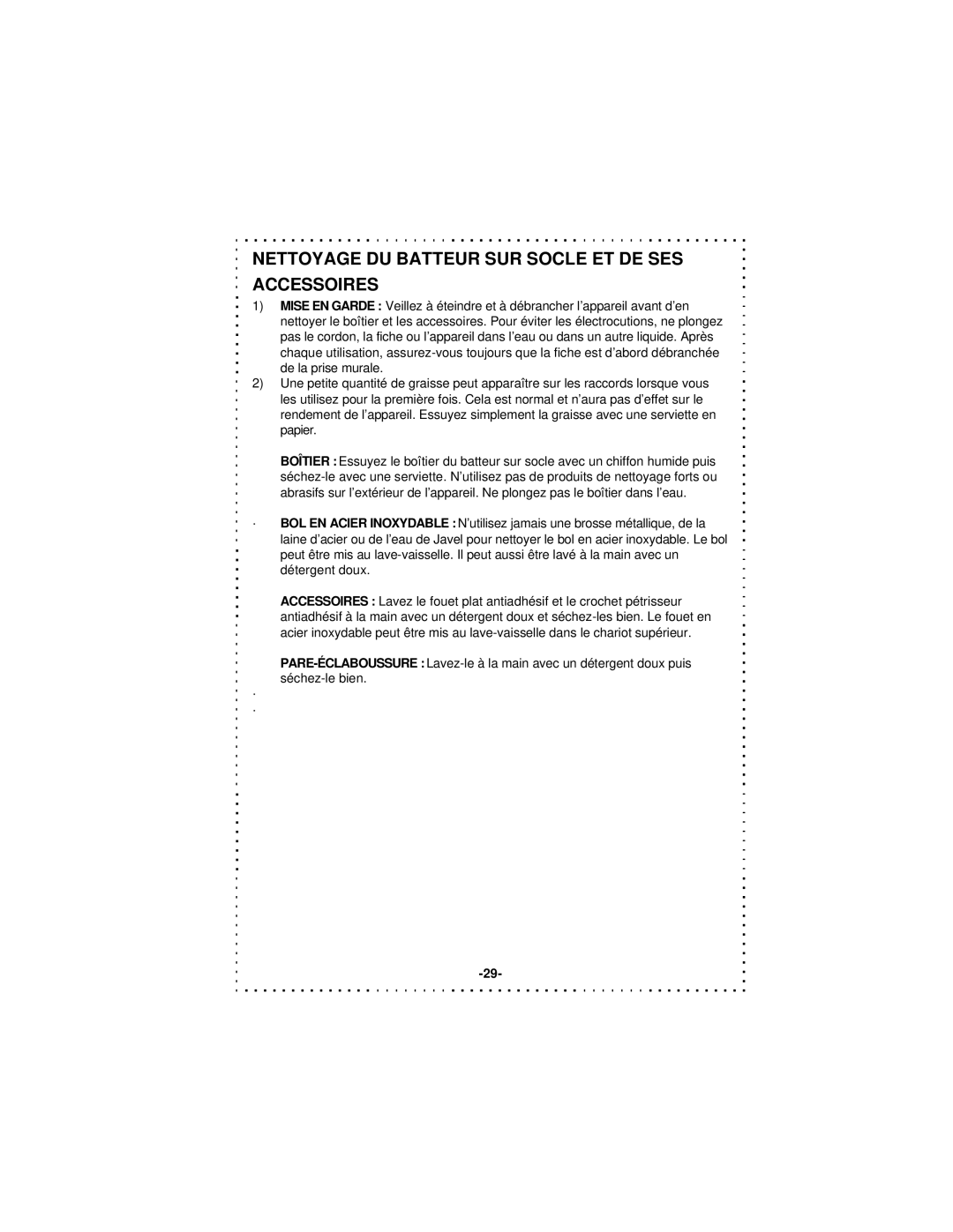 DeLonghi DSM5 - 7 Series instruction manual Nettoyage DU Batteur SUR Socle ET DE SES Accessoires 