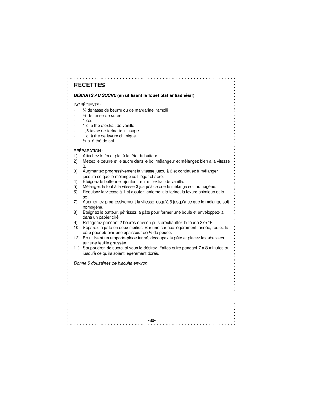 DeLonghi DSM5 - 7 Series instruction manual Recettes, Biscuits AU Sucre en utilisant le fouet plat antiadhésif 