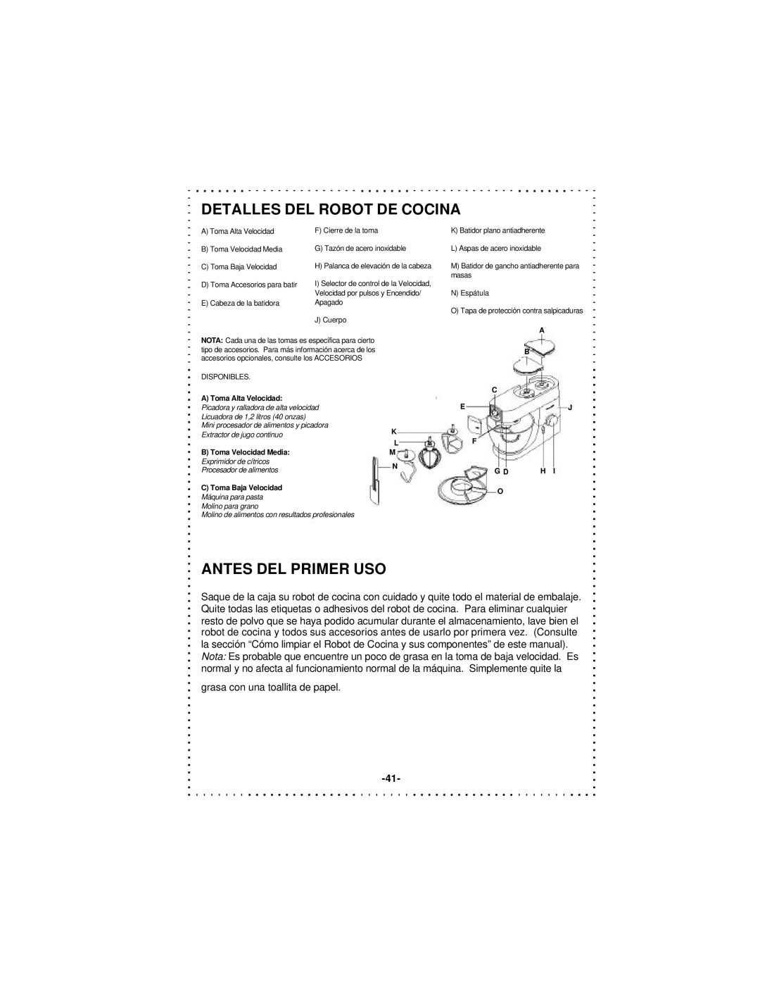 DeLonghi DSM5 - 7 Series instruction manual Detalles DEL Robot DE Cocina, Antes DEL Primer USO 