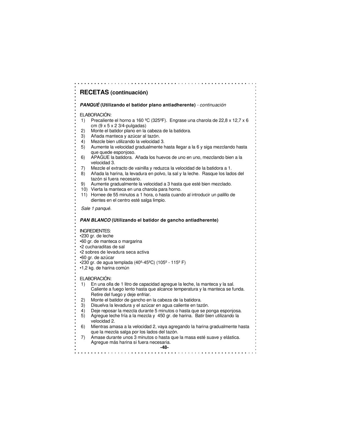 DeLonghi DSM5 - 7 Series instruction manual Recetas continuación, PAN Blanco Utilizando el batidor de gancho antiadherente 