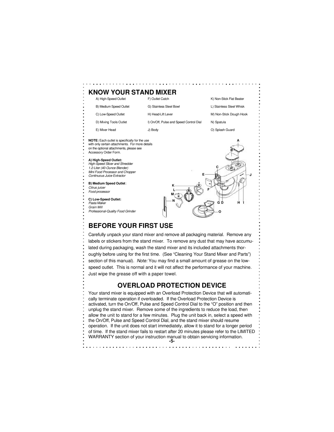 DeLonghi DSM5 - 7 Series instruction manual Know Your Stand Mixer, Before Your First USE, Overload Protection Device 