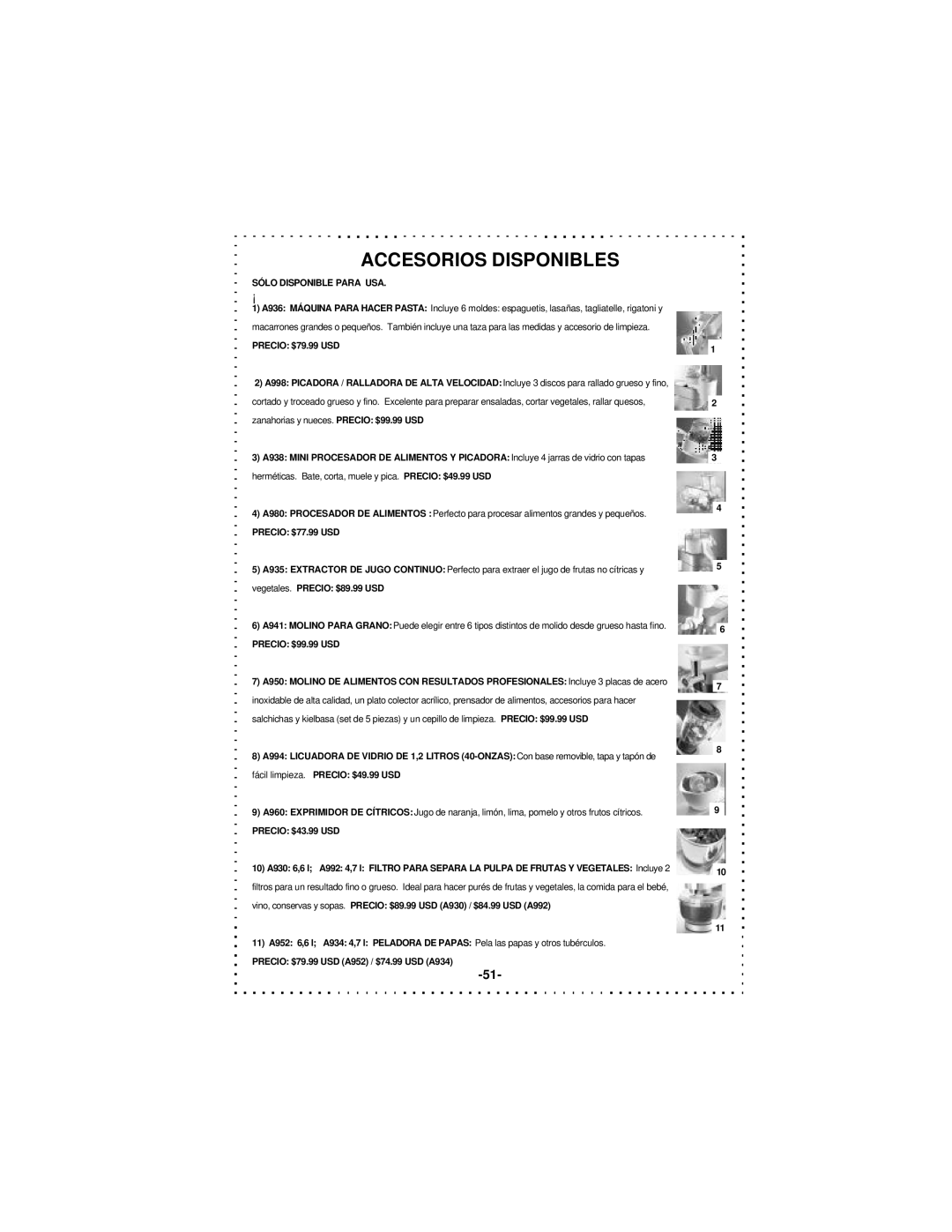 DeLonghi DSM5 - 7 Series instruction manual Accesorios Disponibles, Sólo Disponible Para USA 