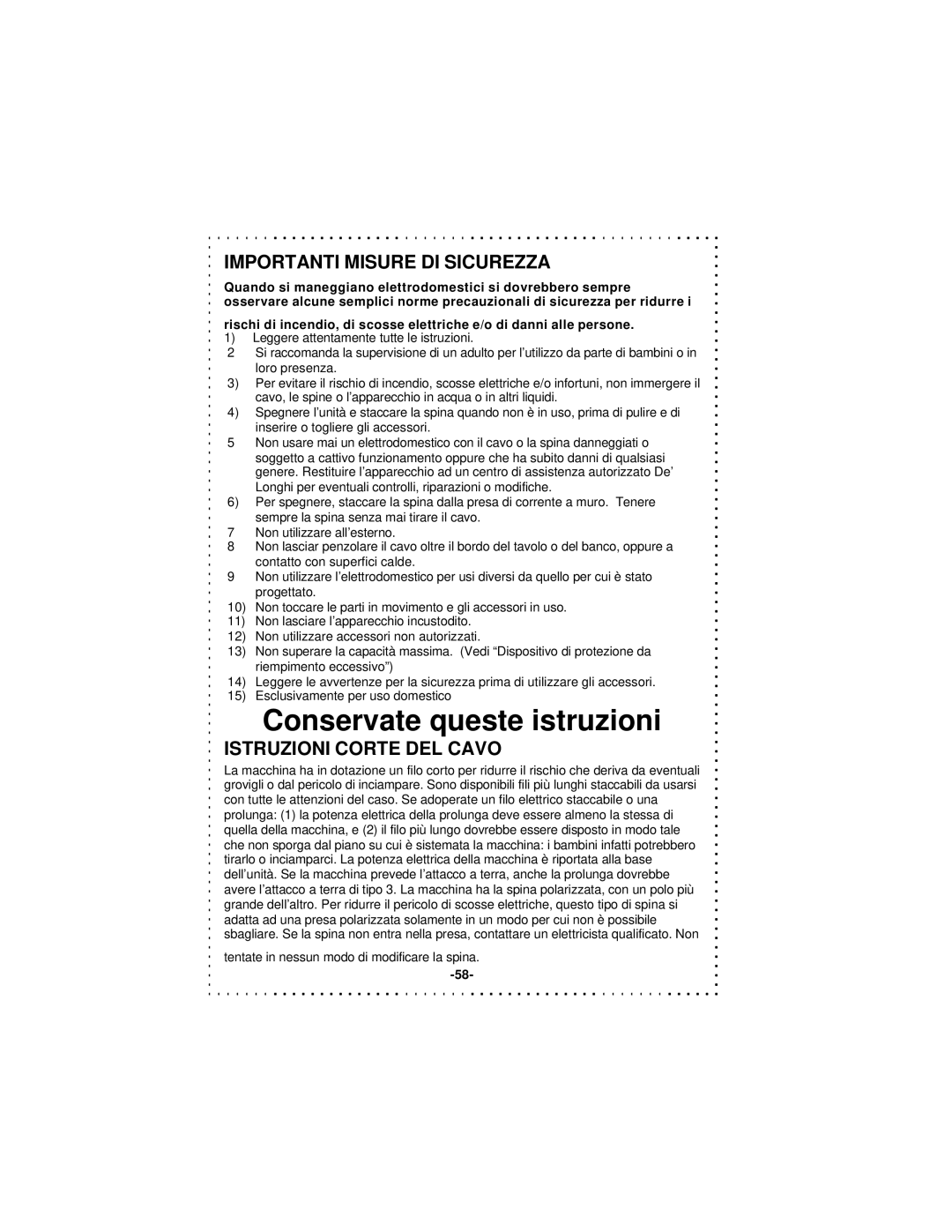 DeLonghi DSM5 - 7 Series instruction manual Importanti Misure DI Sicurezza, Istruzioni Corte DEL Cavo 