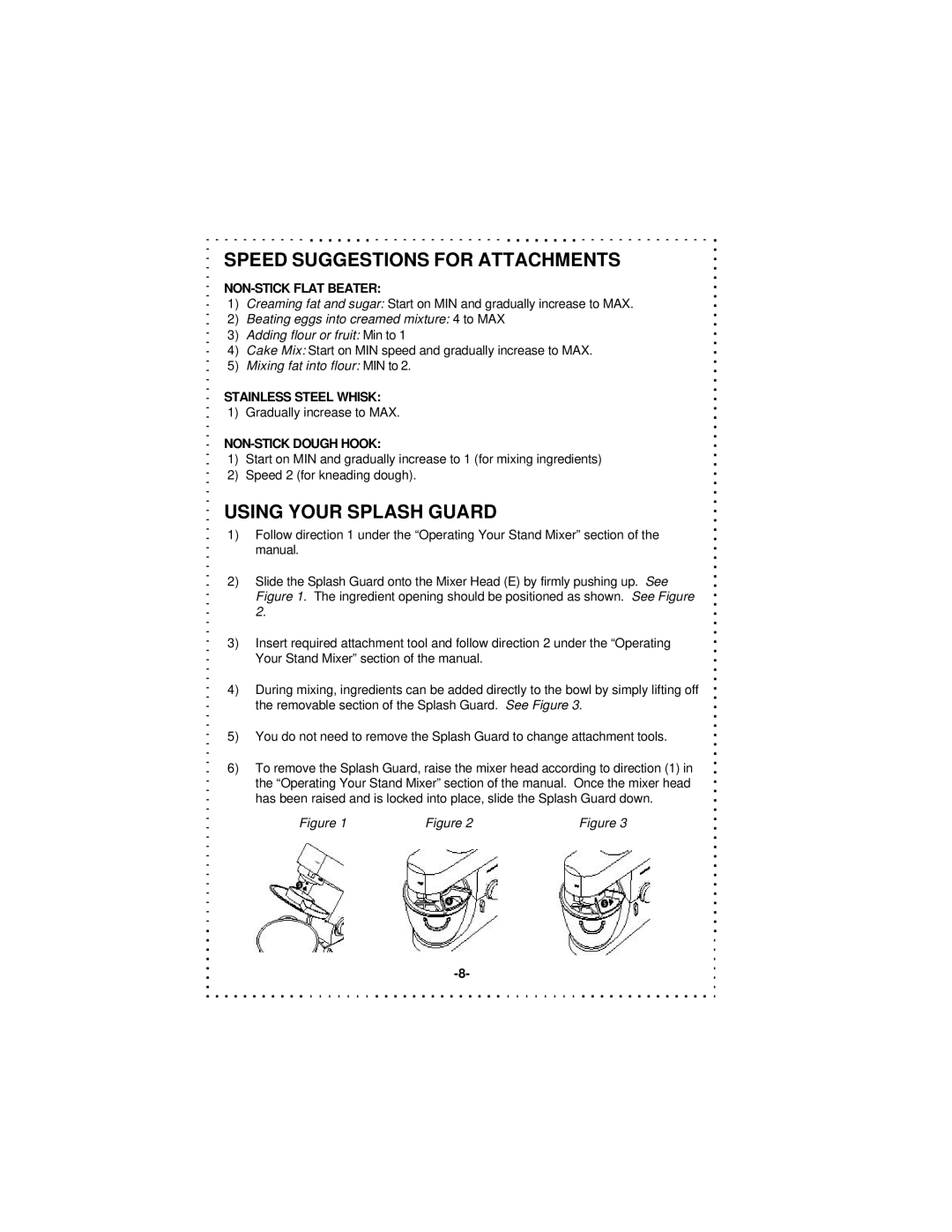 DeLonghi DSM5 - 7 Series instruction manual Speed Suggestions for Attachments, Using Your Splash Guard 