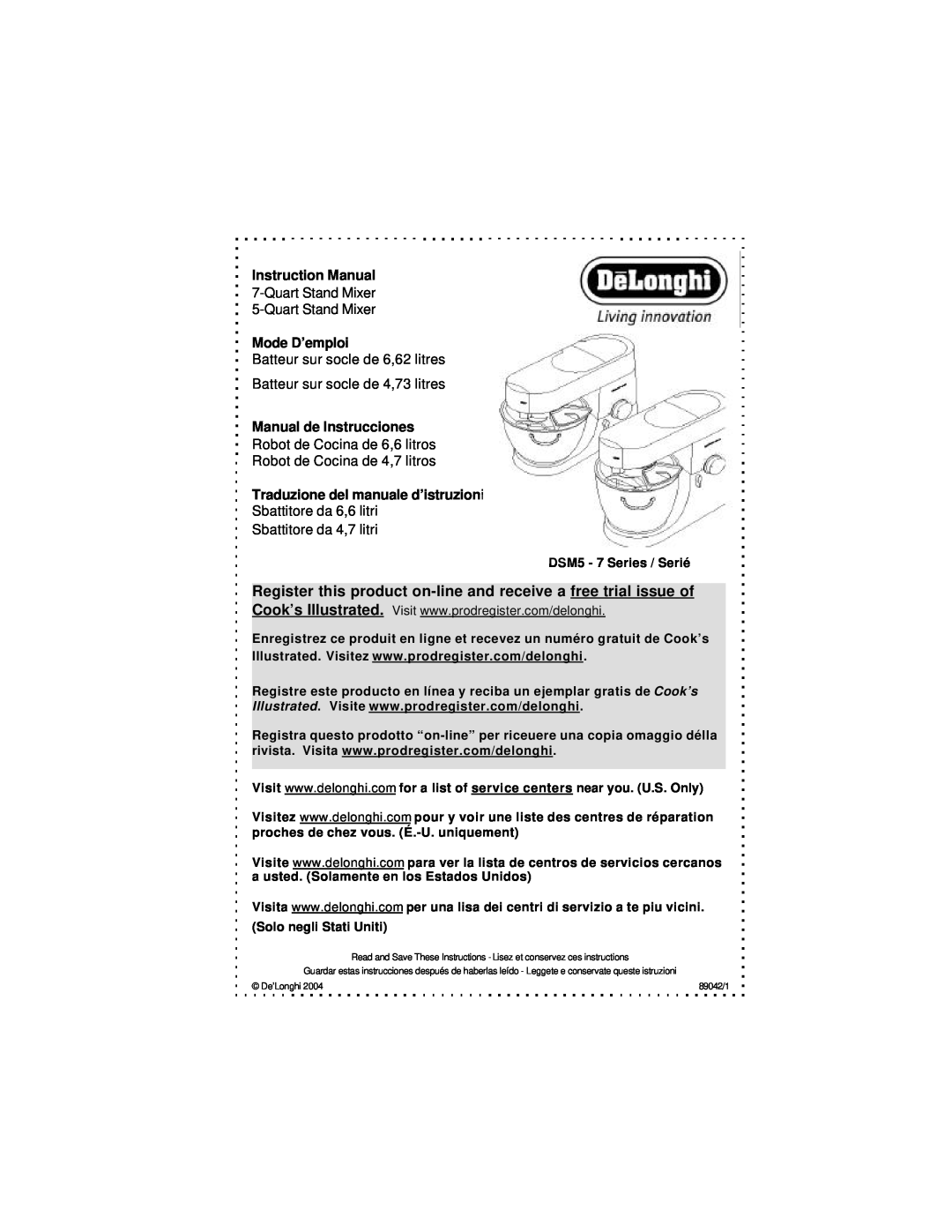 DeLonghi DSM5 - 7 Series instruction manual Instruction Manual, QuartStand Mixer 5-QuartStand Mixer, Mode D’emploi 