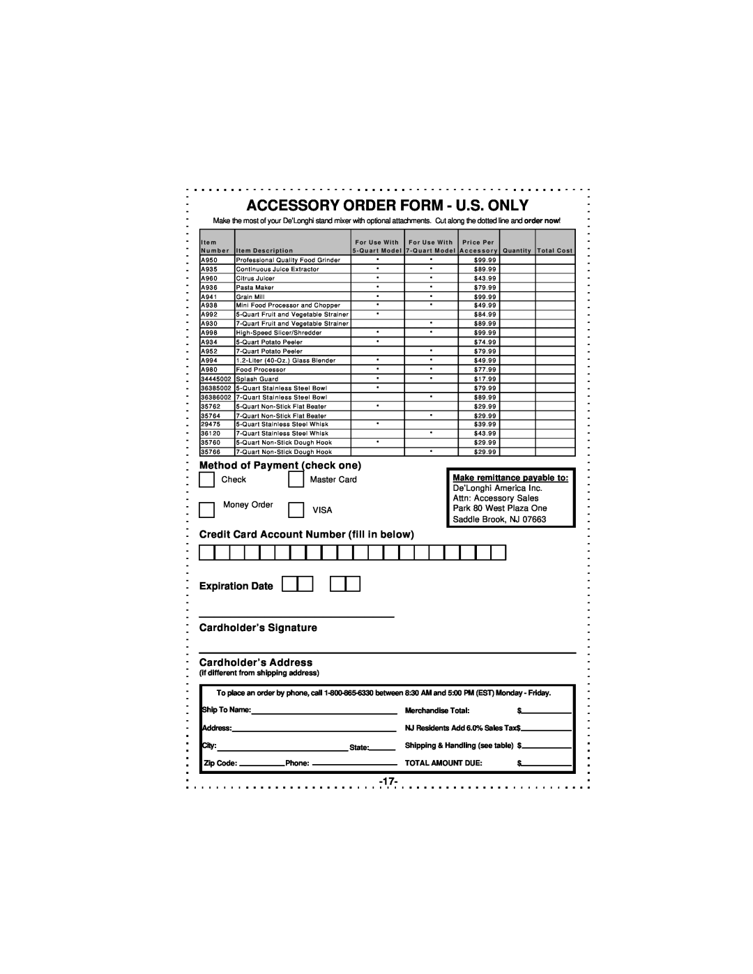 DeLonghi DSM5 - 7 Series Accessory Order Form - U.S. Only, Method of Payment check one, Cardholder’s Address 