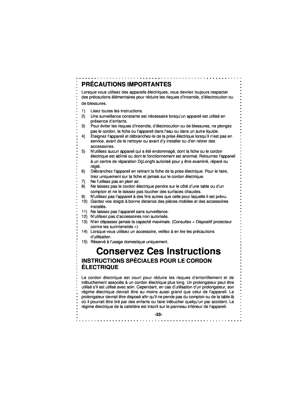 DeLonghi DSM5 - 7 Series instruction manual Conservez Ces Instructions, Précautions Importantes 