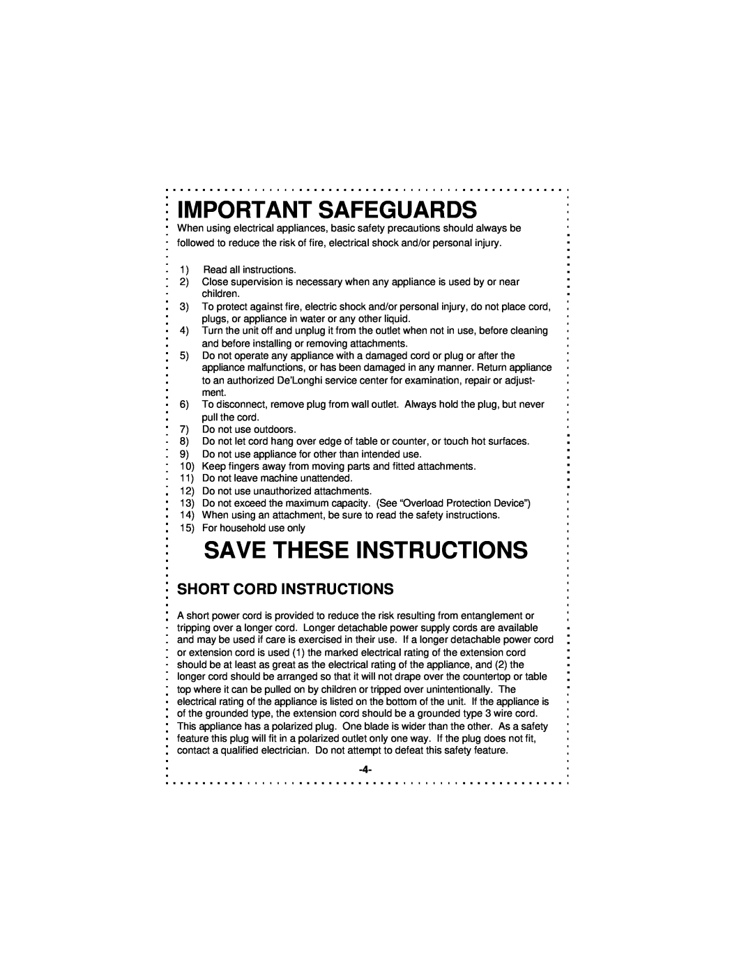 DeLonghi DSM5 - 7 Series instruction manual Important Safeguards, Save These Instructions, Short Cord Instructions 