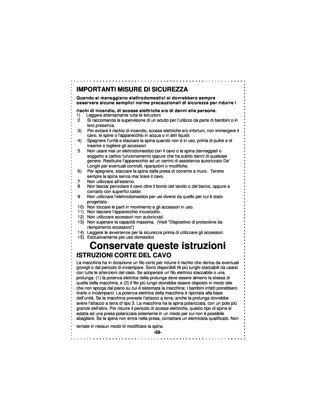 DeLonghi DSM5 - 7 Series Conservate queste istruzioni, Importanti Misure Di Sicurezza, Istruzioni Corte Del Cavo 